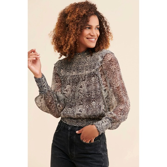 Free People Roma Blouse Snakeskin Print Ruffle Trim Long Sleeve Top Size L - Picture 1 of 9